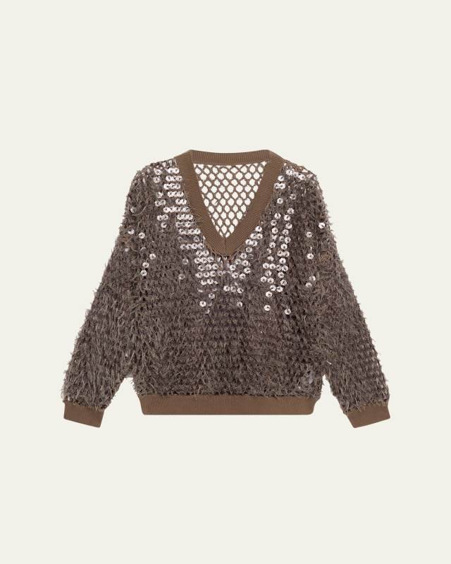 Fringe Mosaic Yarn Net Embroidered V-Neck Sweater